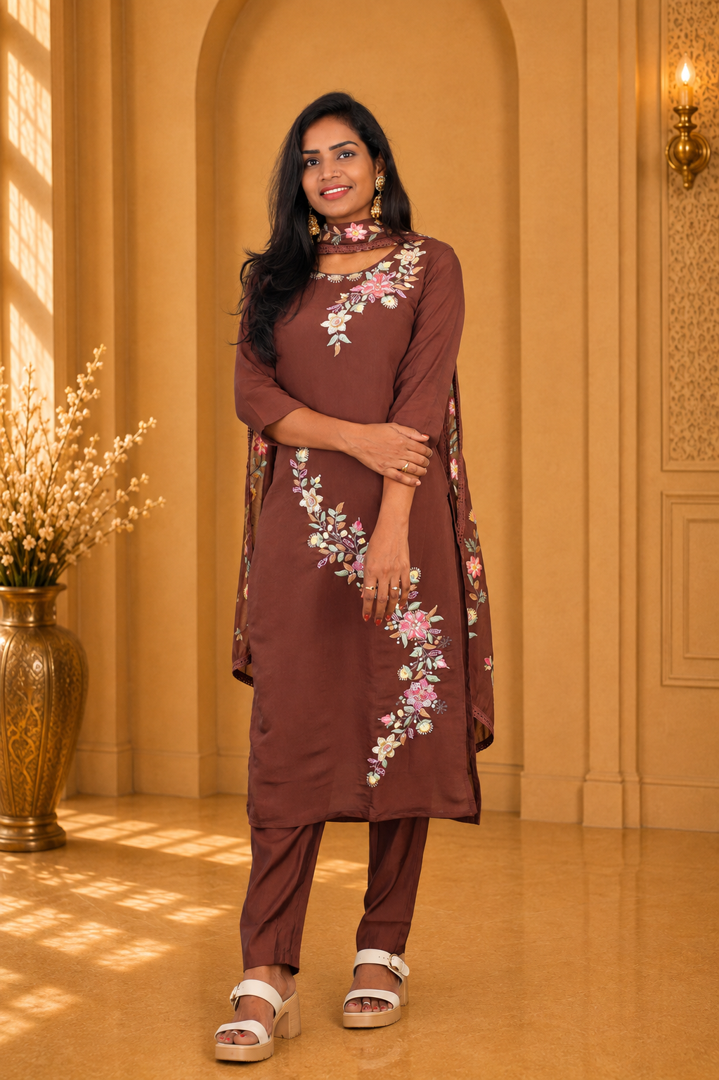 Brown Color Mul Chanderi Party Wear 3 Piece set With Complete Lining