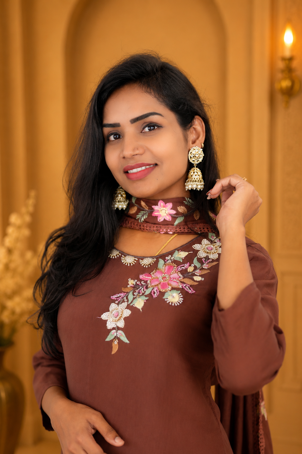 Brown Color Mul Chanderi Party Wear 3 Piece set With Complete Lining