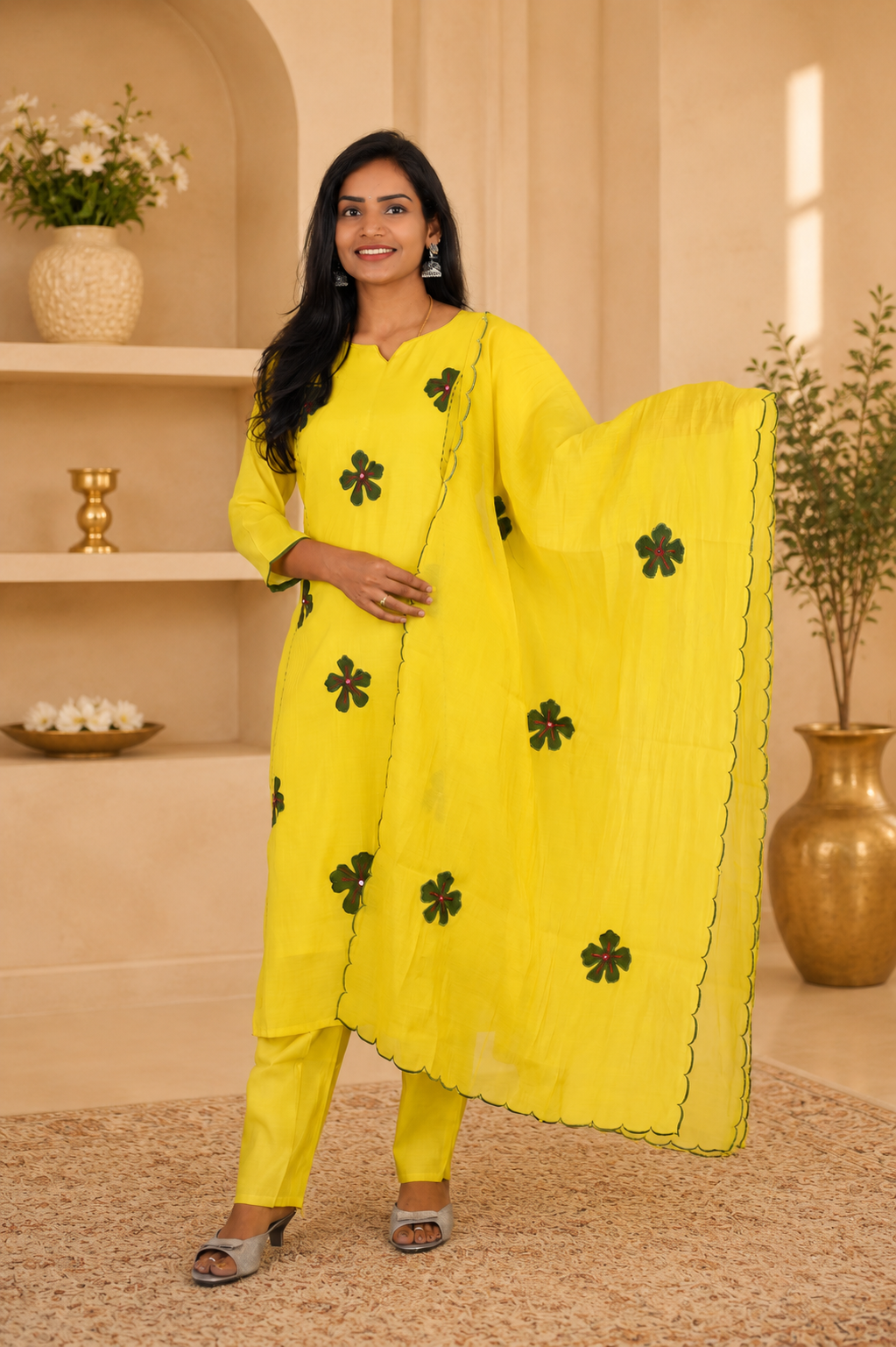 Yellow Colour Mul Chanderi Party Wear 3 Piece Set With Complete Lining and Roman Pant