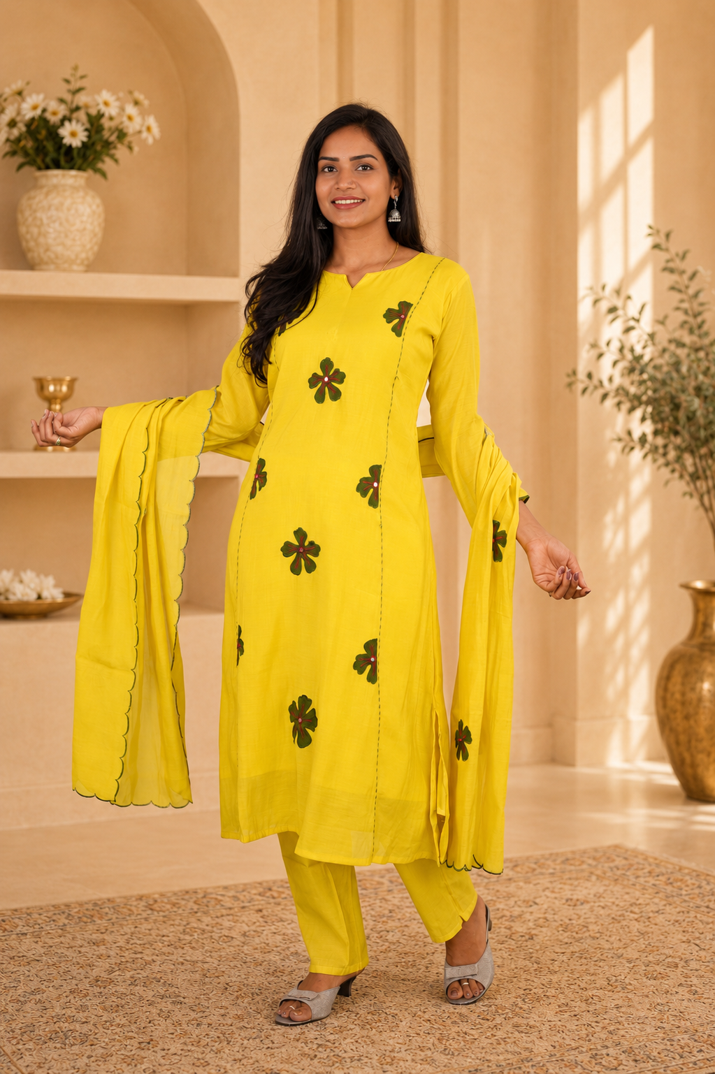 Yellow Colour Mul Chanderi Party Wear 3 Piece Set With Complete Lining and Roman Pant