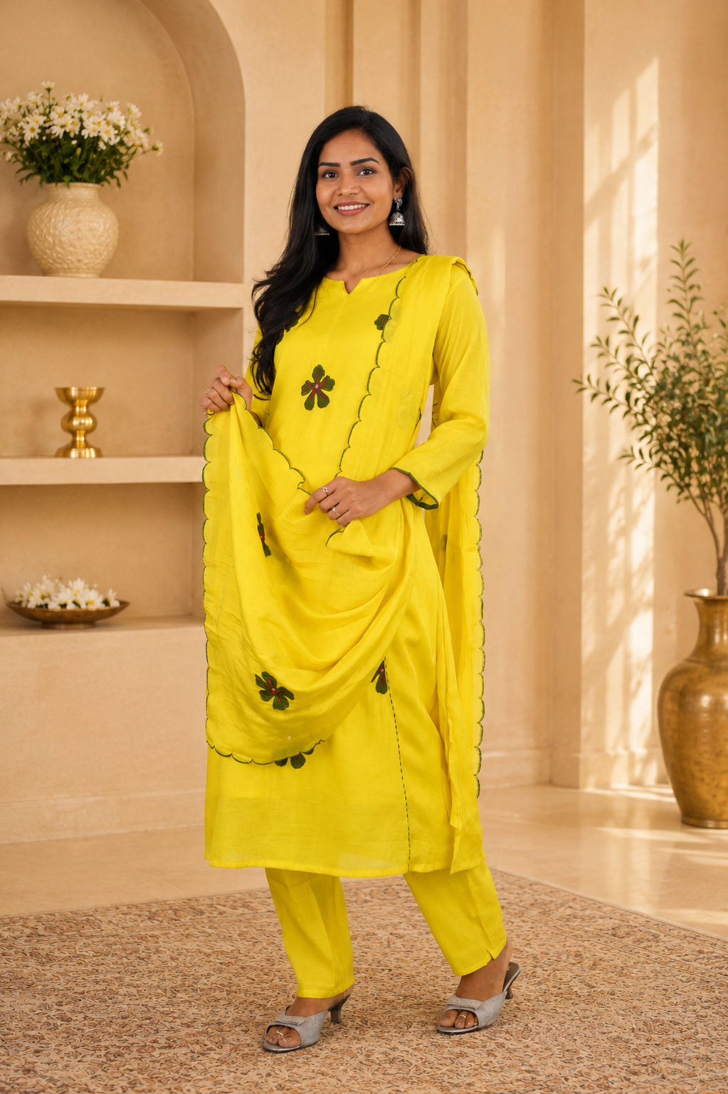 Yellow Colour Mul Chanderi Party Wear 3 Piece Set With Complete Lining and Roman Pant