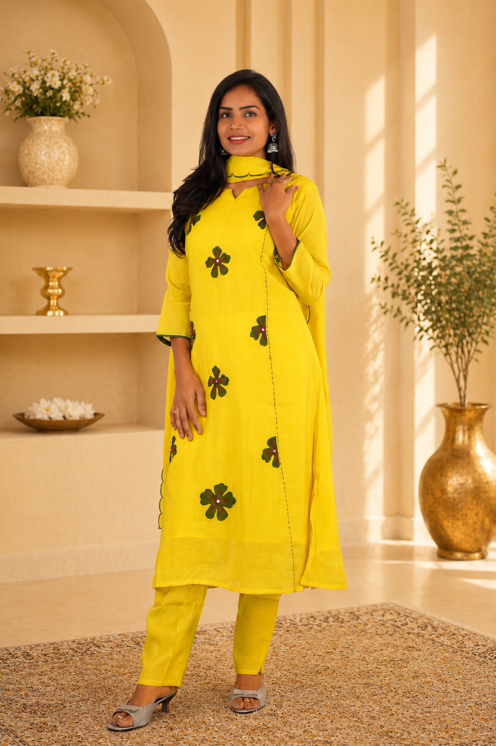 Yellow Colour Mul Chanderi Party Wear 3 Piece Set With Complete Lining and Roman Pant