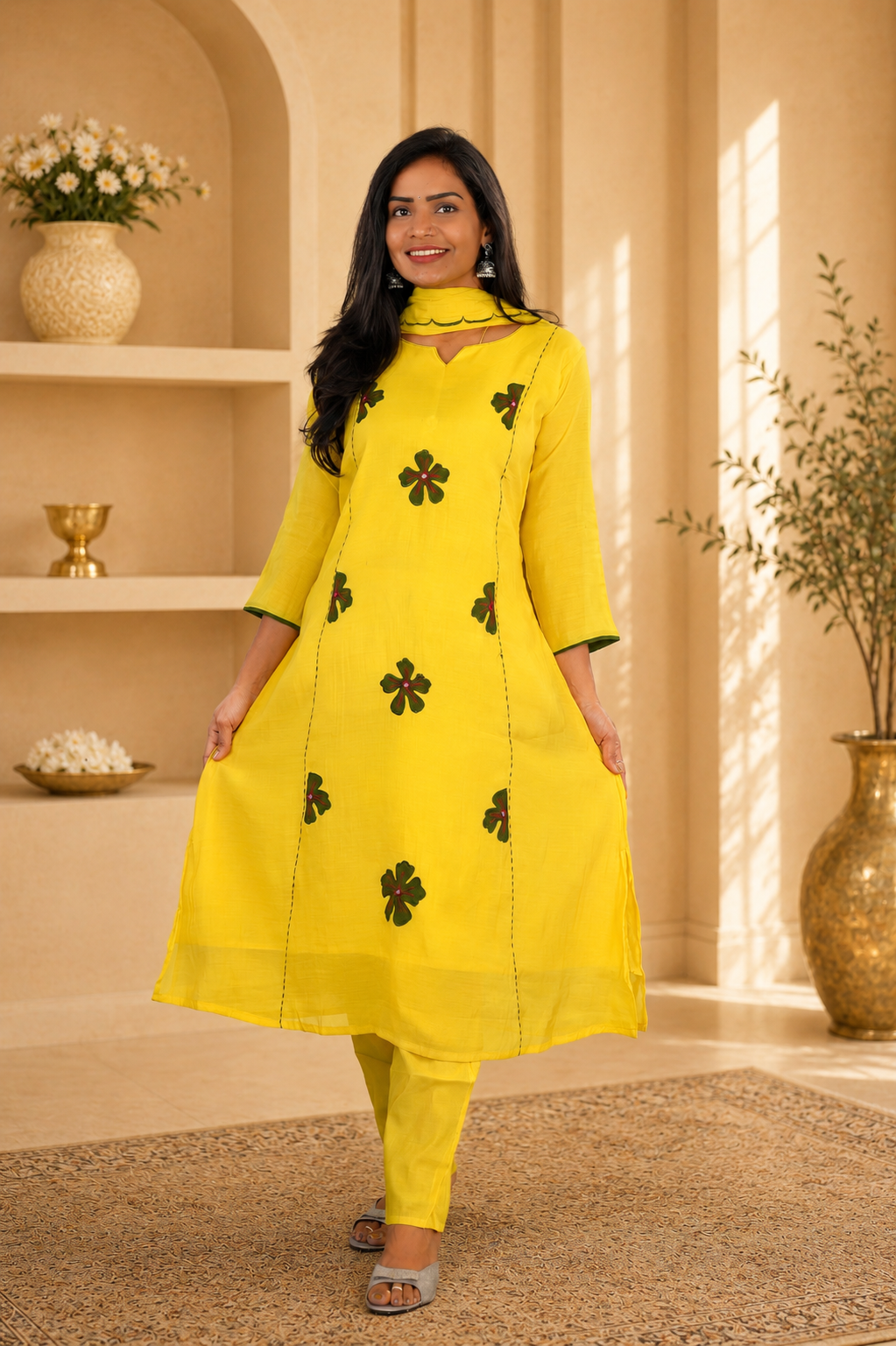 Yellow Colour Mul Chanderi Party Wear 3 Piece Set With Complete Lining and Roman Pant