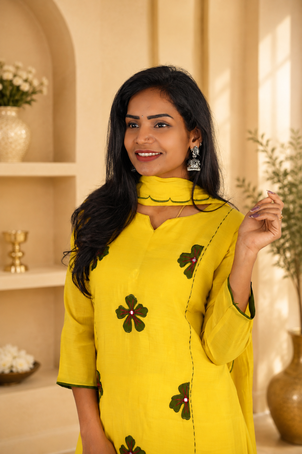 Yellow Colour Mul Chanderi Party Wear 3 Piece Set With Complete Lining and Roman Pant