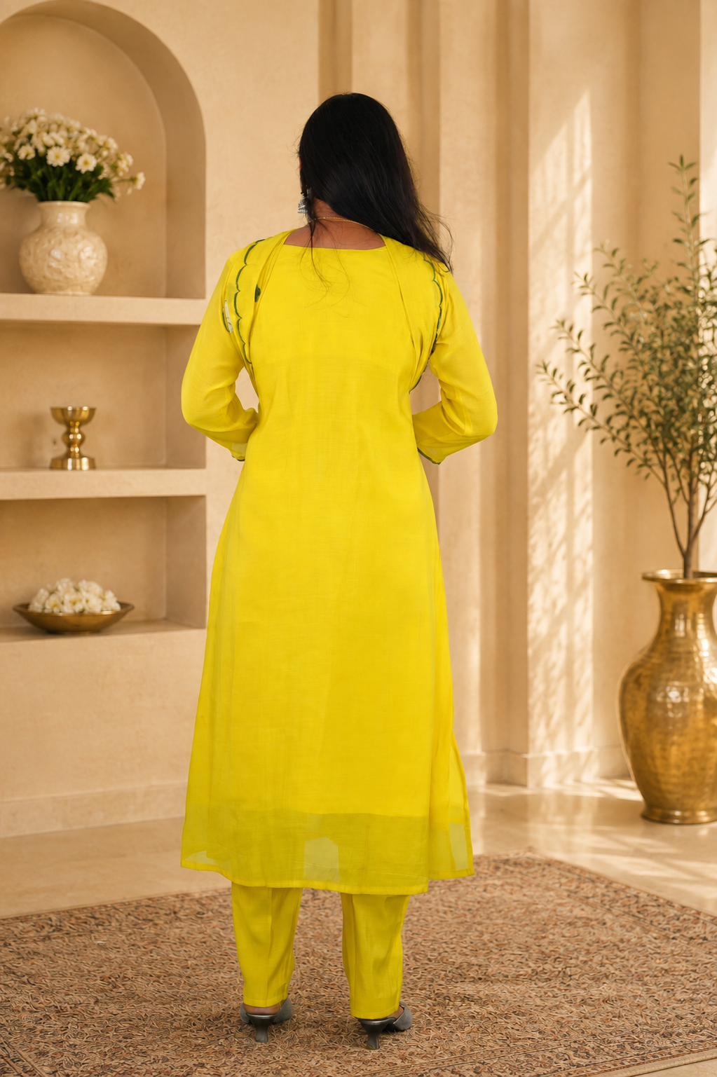 Yellow Colour Mul Chanderi Party Wear 3 Piece Set With Complete Lining and Roman Pant