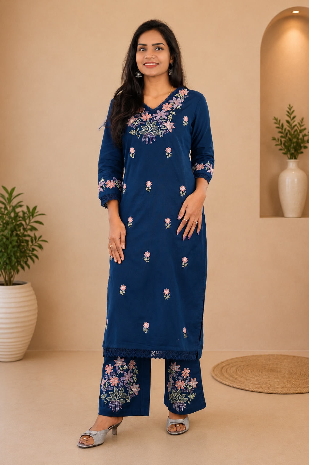 Royal Blue Jaipur Cotton Cordset With Heavy Embrioday Work