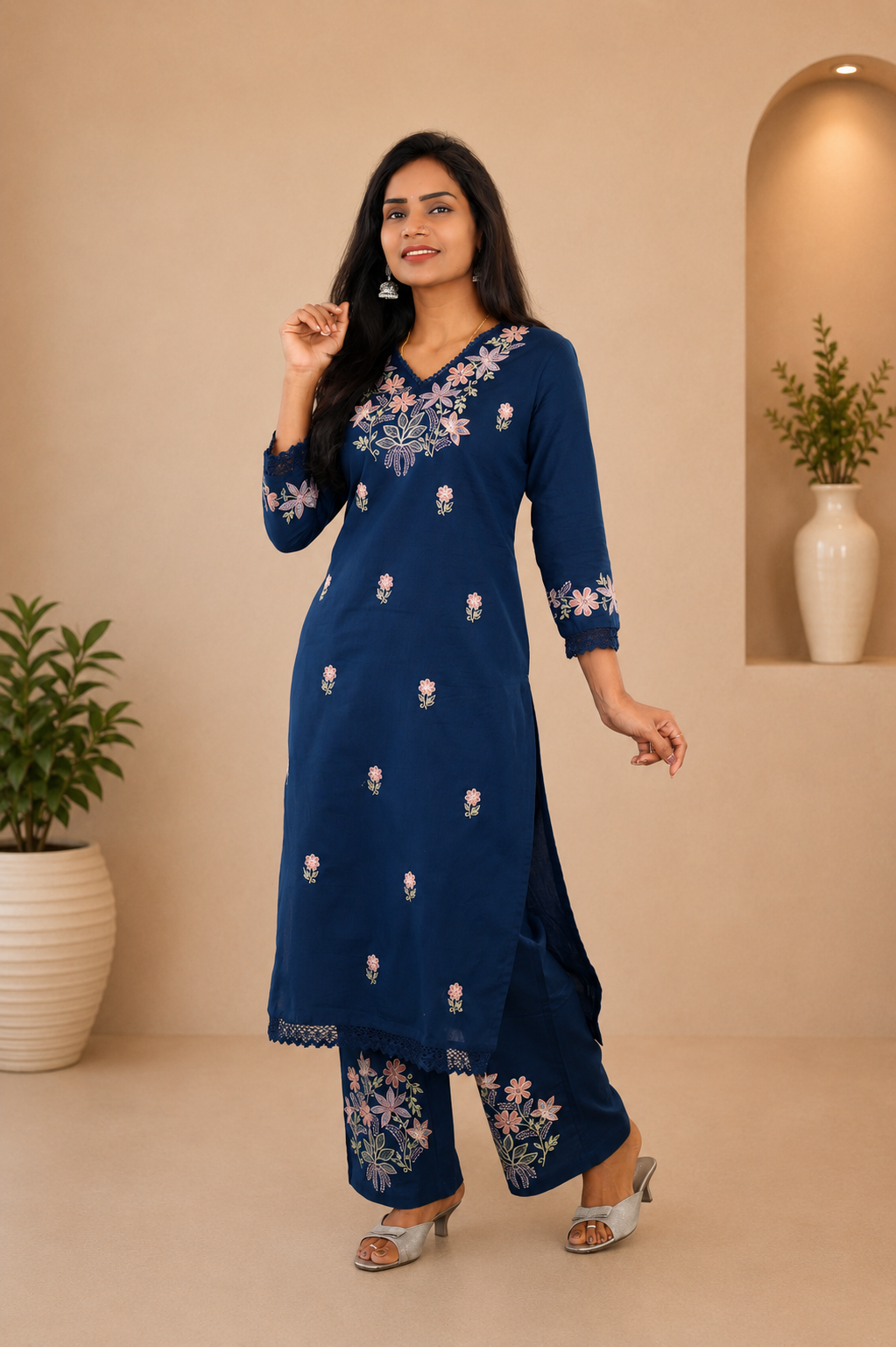 Royal Blue Jaipur Cotton Cordset With Heavy Embrioday Work