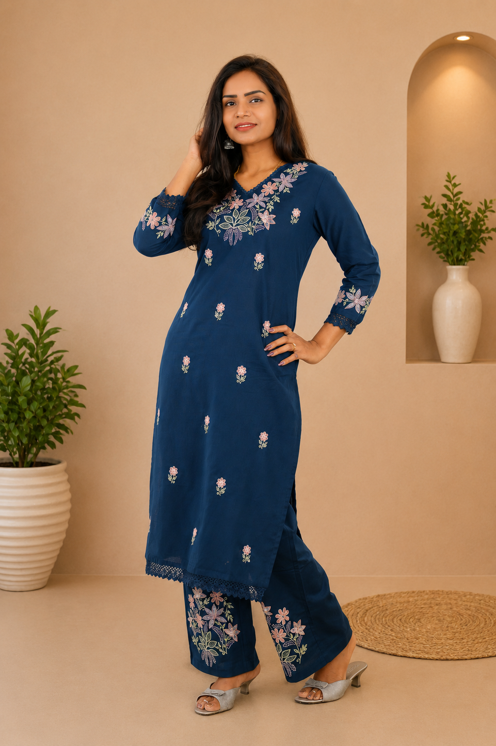 Royal Blue Jaipur Cotton Cordset With Heavy Embrioday Work