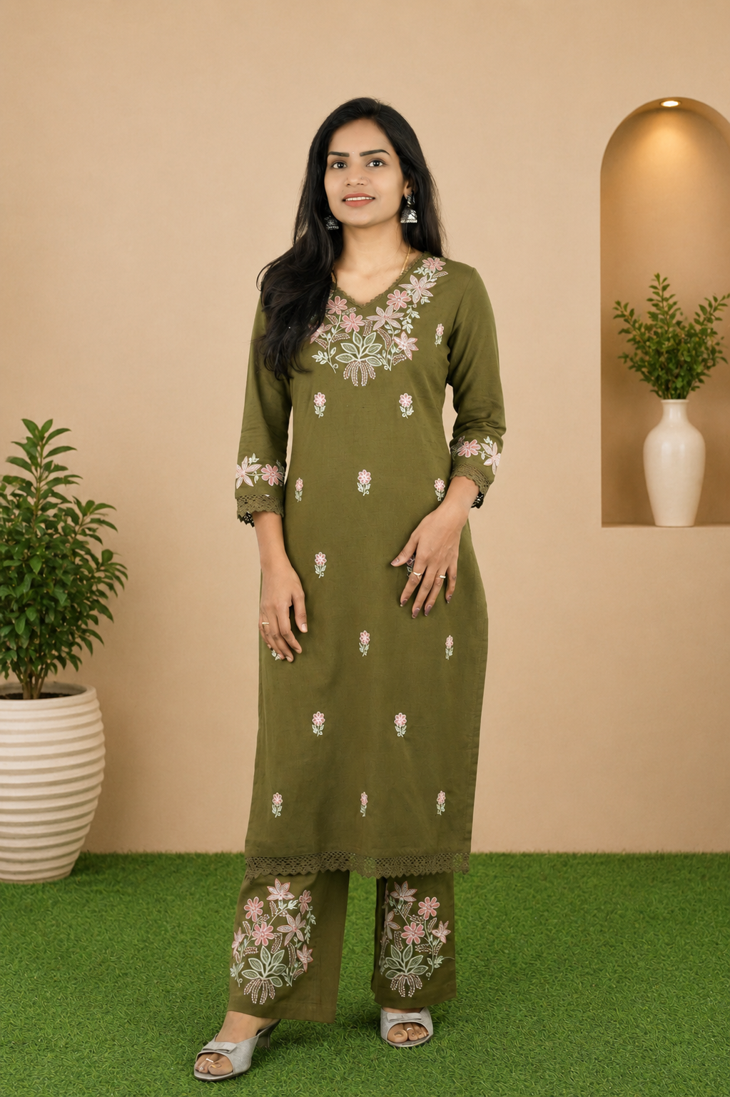 Mehendi Green Jaipur Cotton Cordset With Embrioday Work
