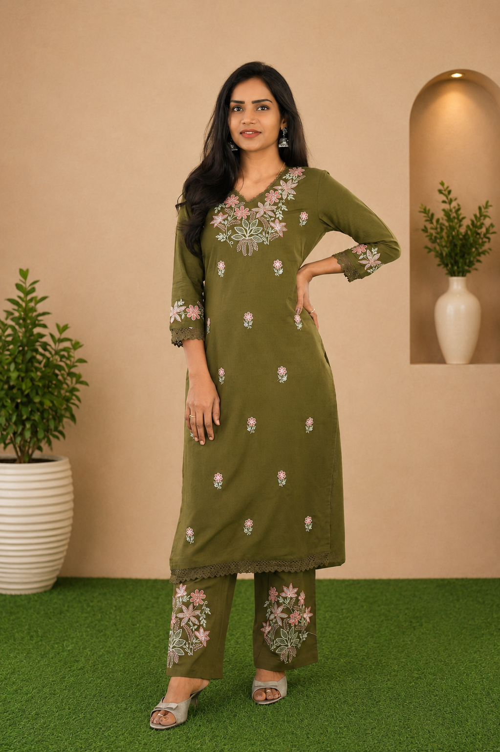 Mehendi Green Jaipur Cotton Cordset With Embrioday Work