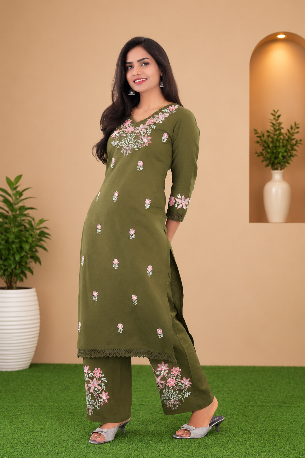 Mehendi Green Jaipur Cotton Cordset With Embrioday Work
