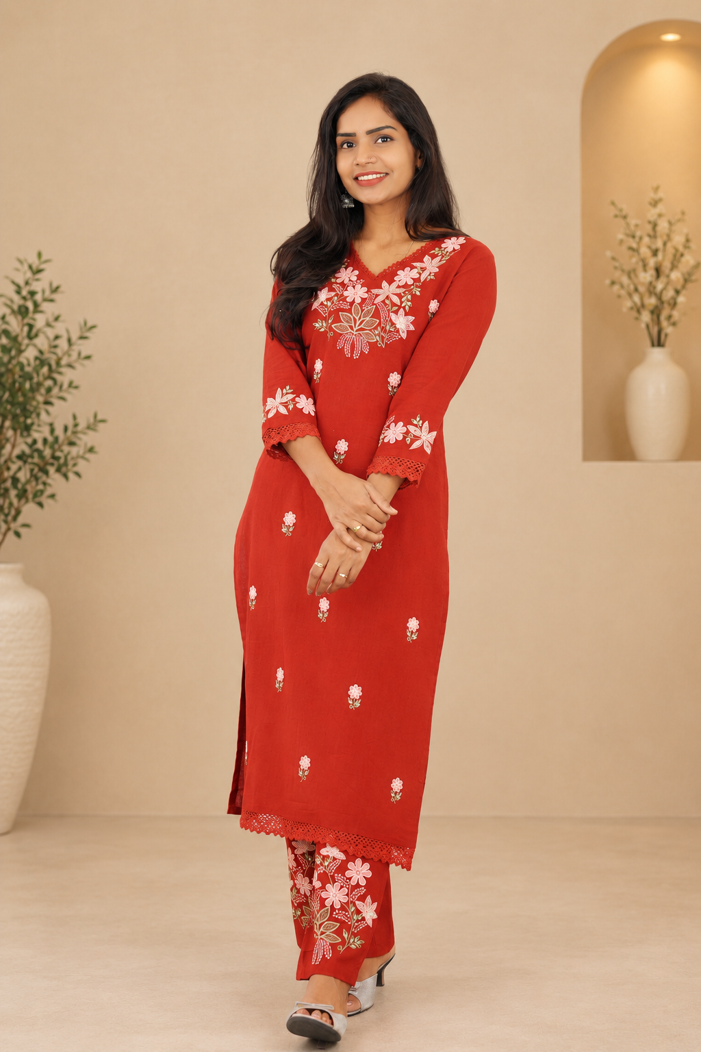 Red Jaipur Cotton Cordset With Embrioday Work