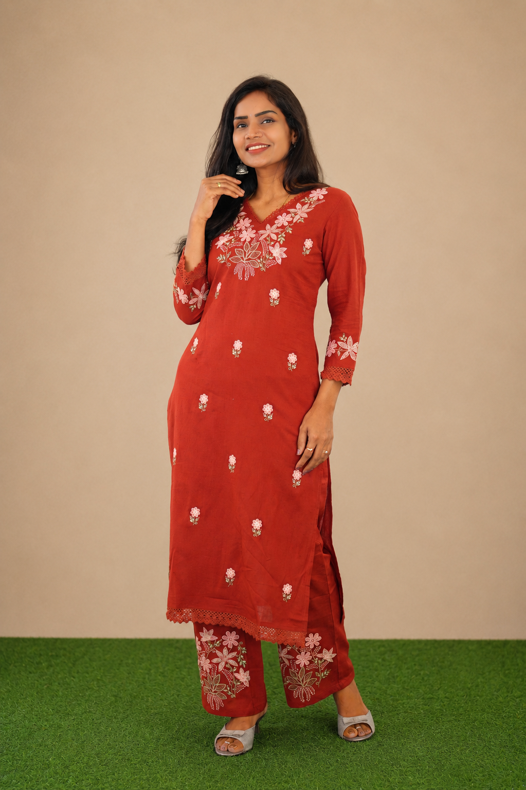 Red Jaipur Cotton Cordset With Embrioday Work