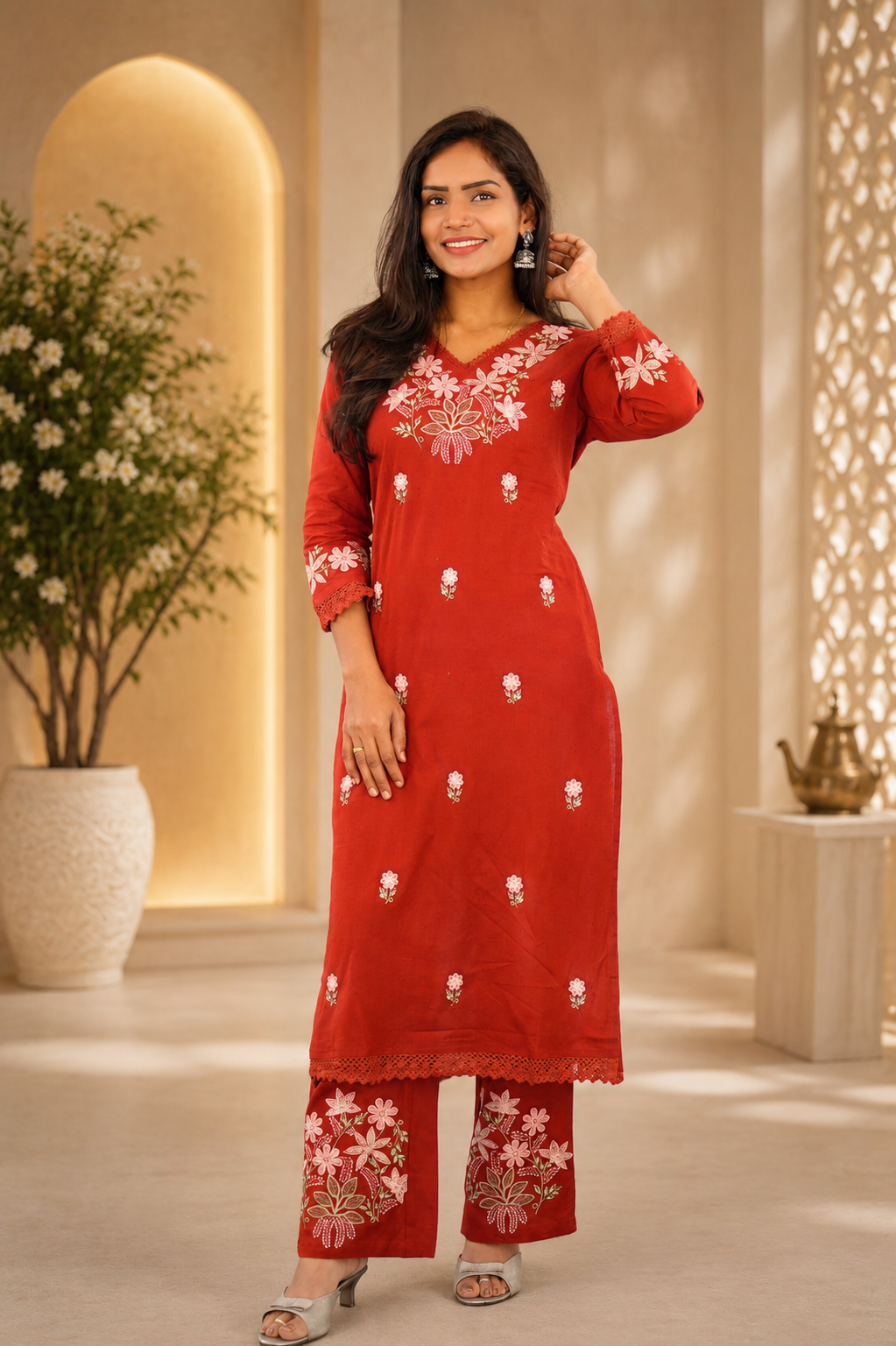 Red Jaipur Cotton Cordset With Embrioday Work