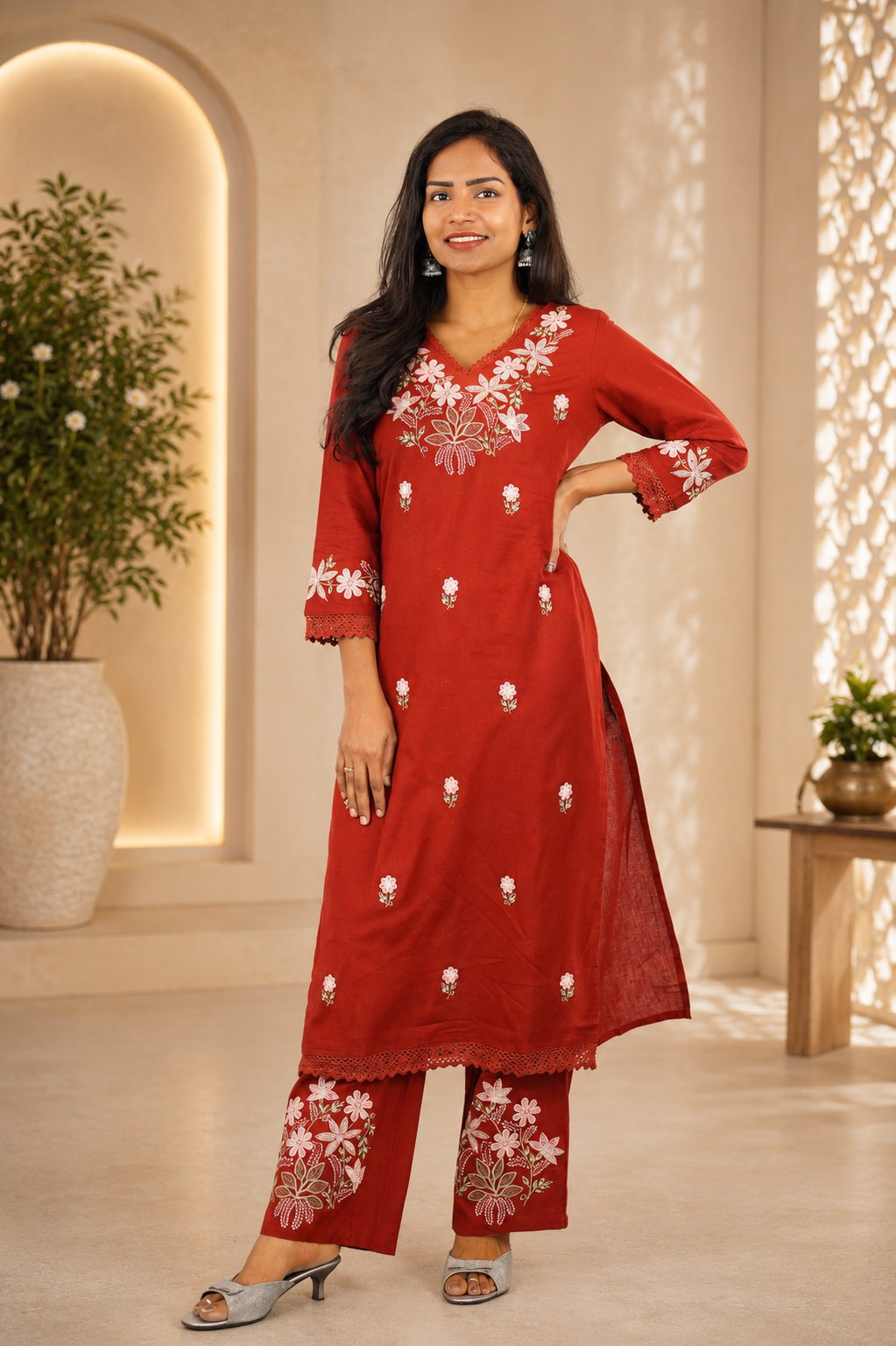 Red Jaipur Cotton Cordset With Embrioday Work