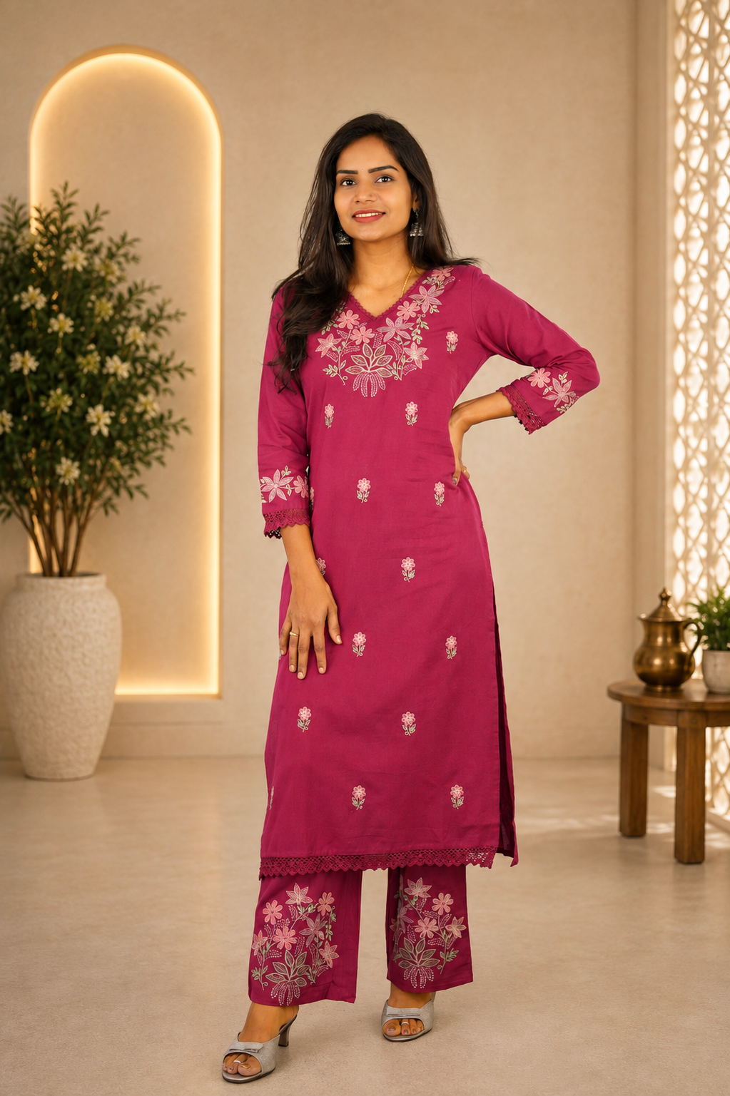 Magenta Pink Jaipur Cotton Cordset With Embrioday Work