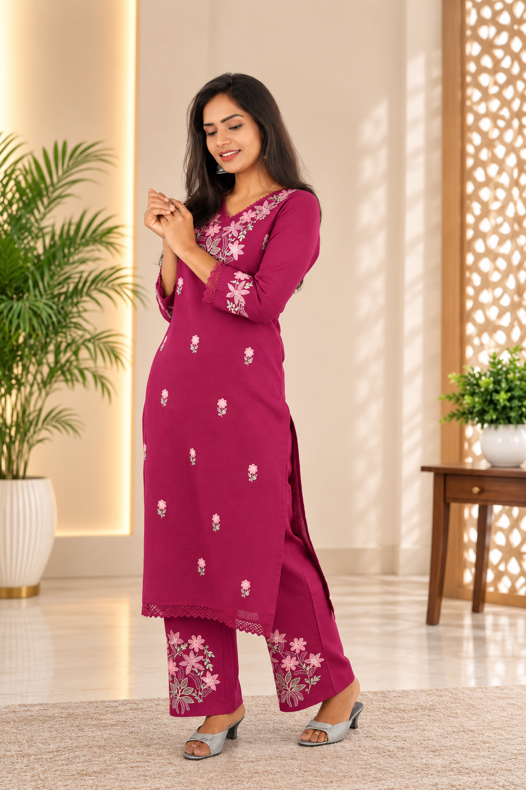 Magenta Pink Jaipur Cotton Cordset With Embrioday Work