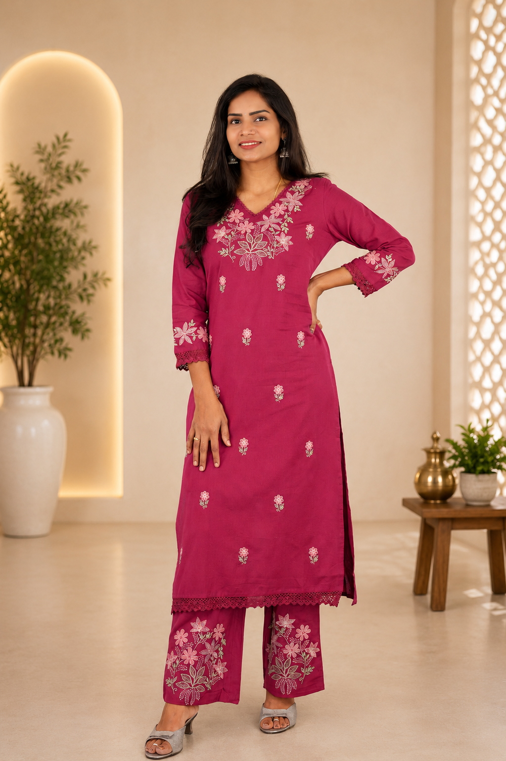 Magenta Pink Jaipur Cotton Cordset With Embrioday Work
