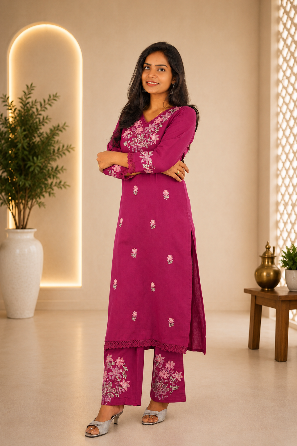 Magenta Pink Jaipur Cotton Cordset With Embrioday Work