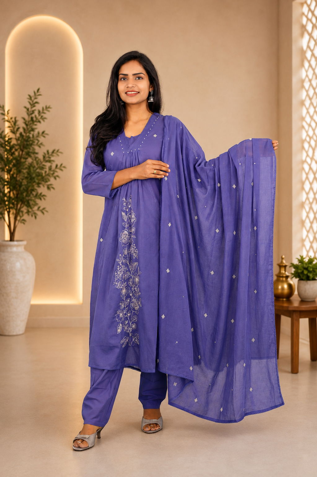 Purple Mul Cotton 3 Piece Set With embroidery work and Complete Lining