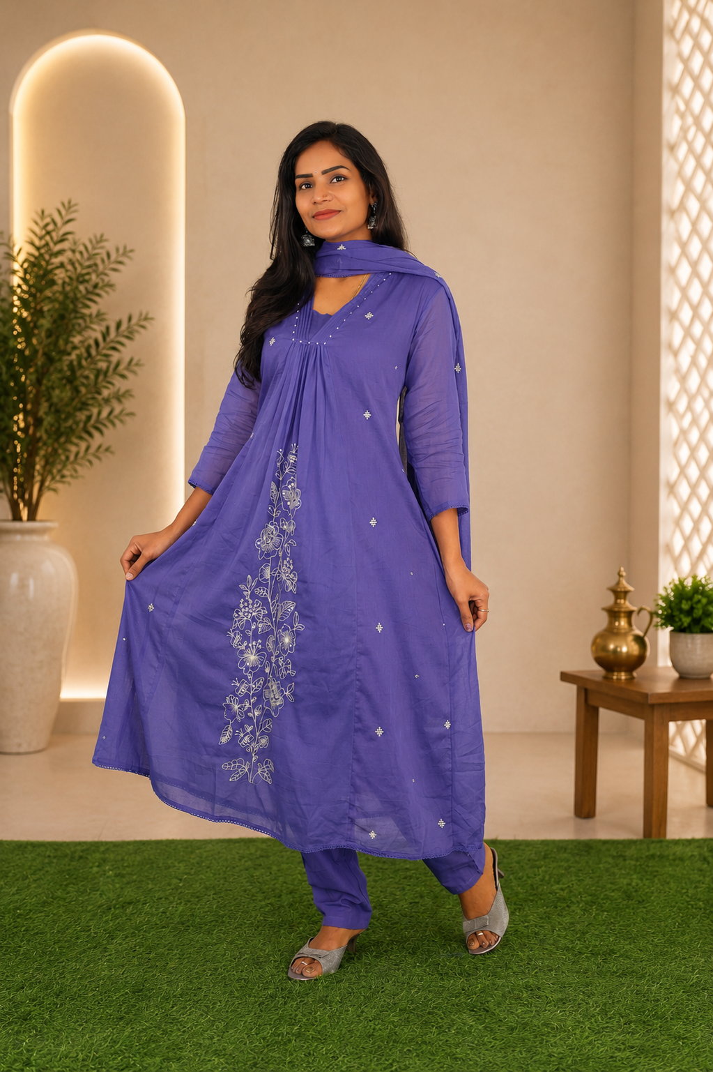 Purple Mul Cotton 3 Piece Set With embroidery work and Complete Lining