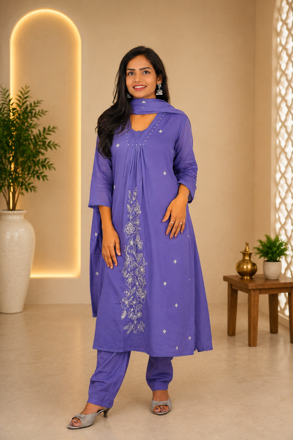 Purple Mul Cotton 3 Piece Set With embroidery work and Complete Lining