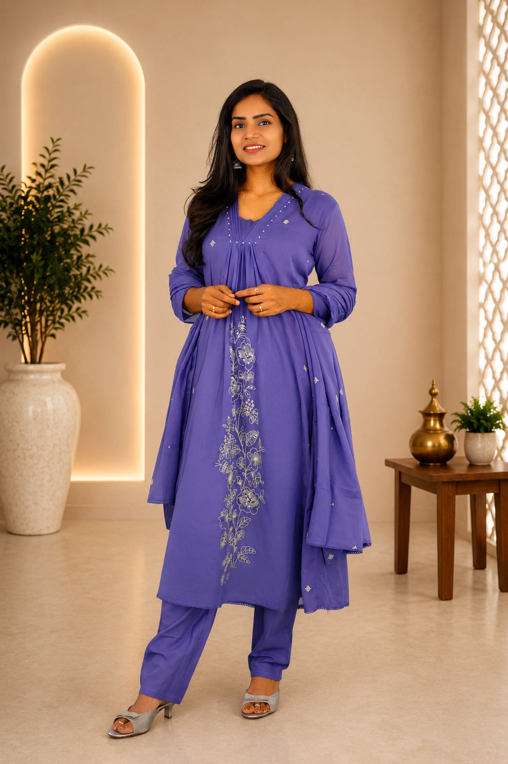 Purple Mul Cotton 3 Piece Set With embroidery work and Complete Lining