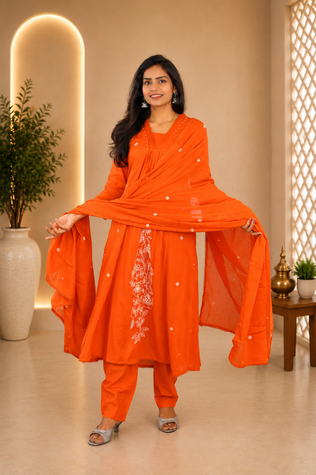 Orange Mul Cotton 3 Piece Set With embroidery work and Complete Lining