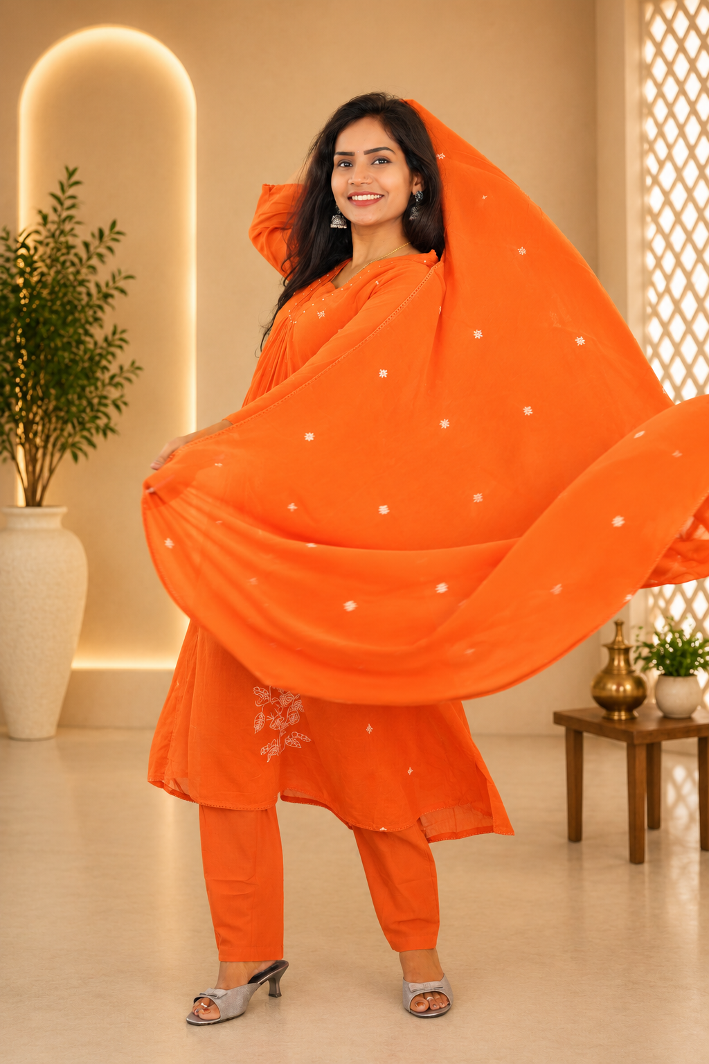 Orange Mul Cotton 3 Piece Set With embroidery work and Complete Lining