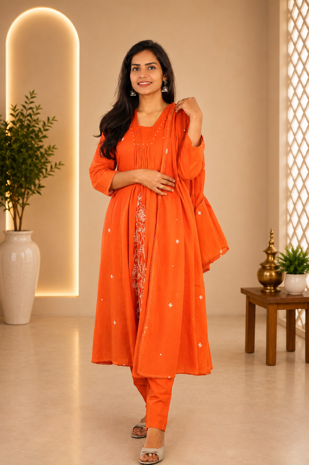 Orange Mul Cotton 3 Piece Set With embroidery work and Complete Lining