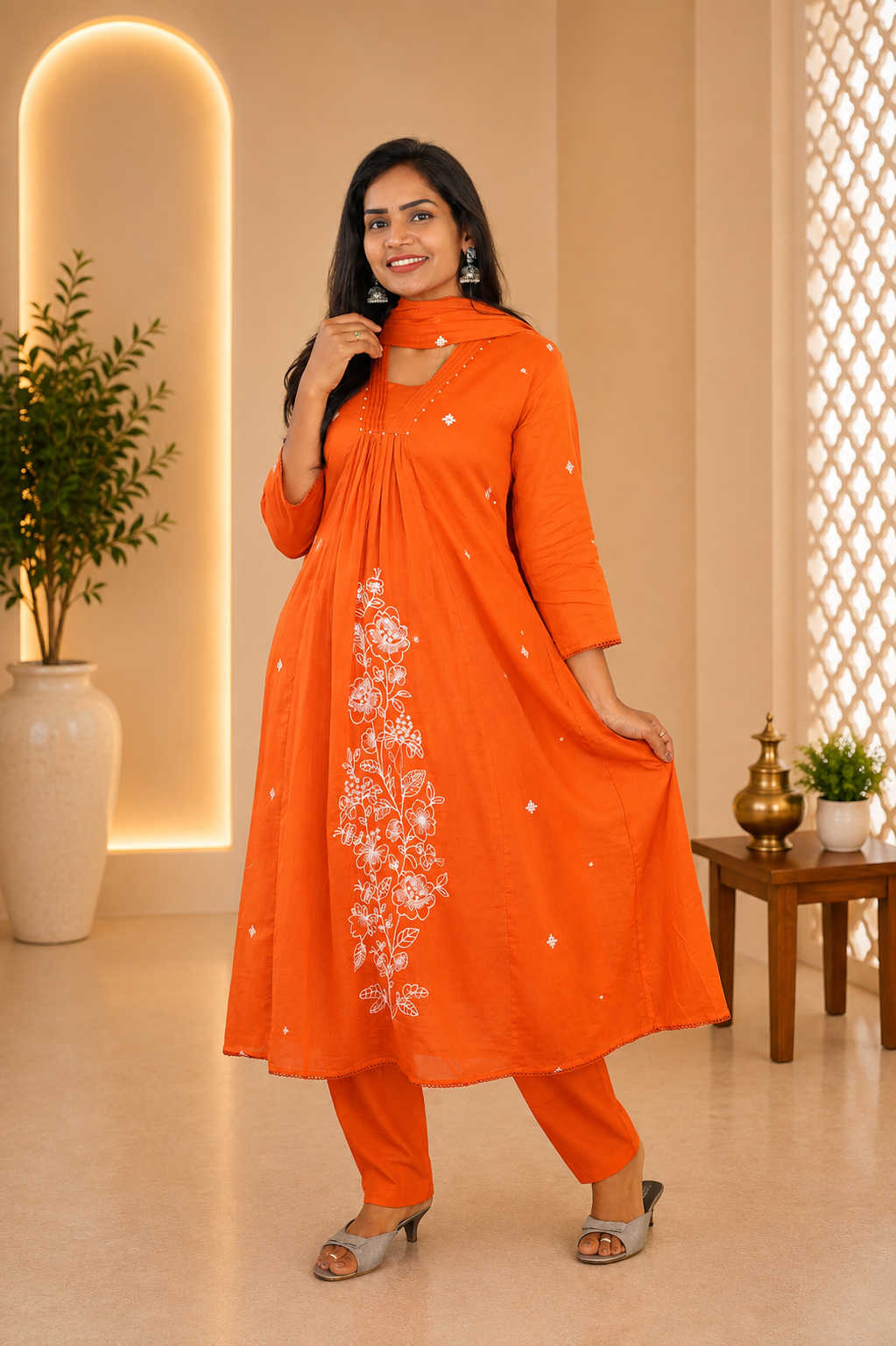 Orange Mul Cotton 3 Piece Set With embroidery work and Complete Lining