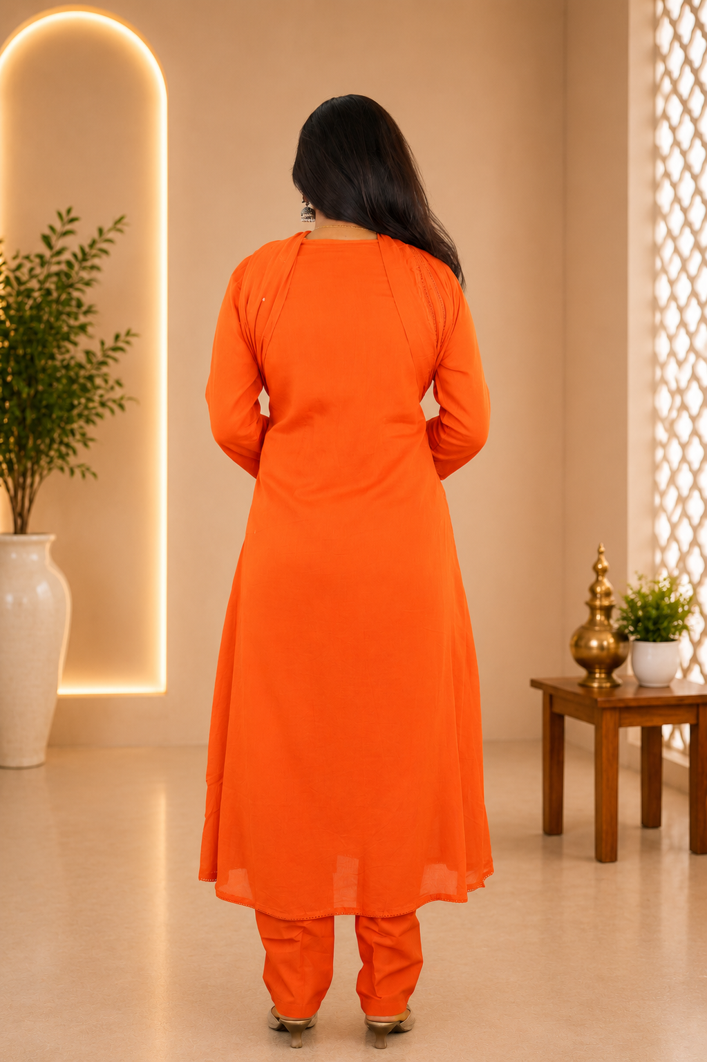 Orange Mul Cotton 3 Piece Set With embroidery work and Complete Lining