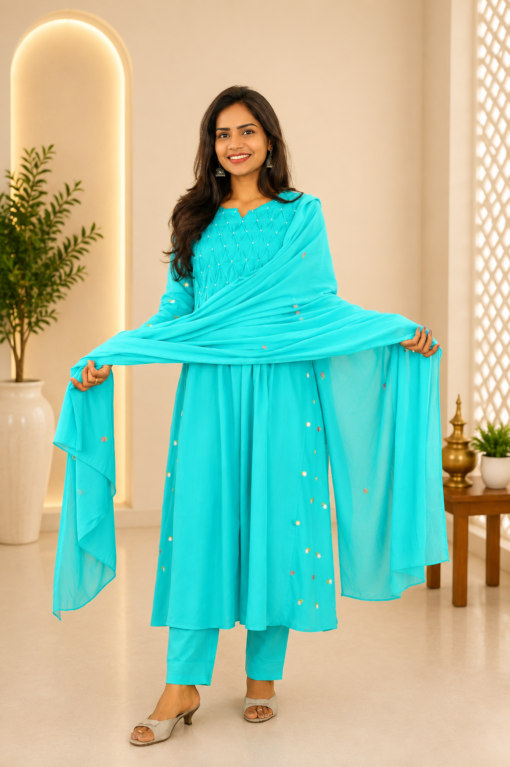 Teal Green Color Mul Cotton Designer 3 Piece set With Complete Lining
