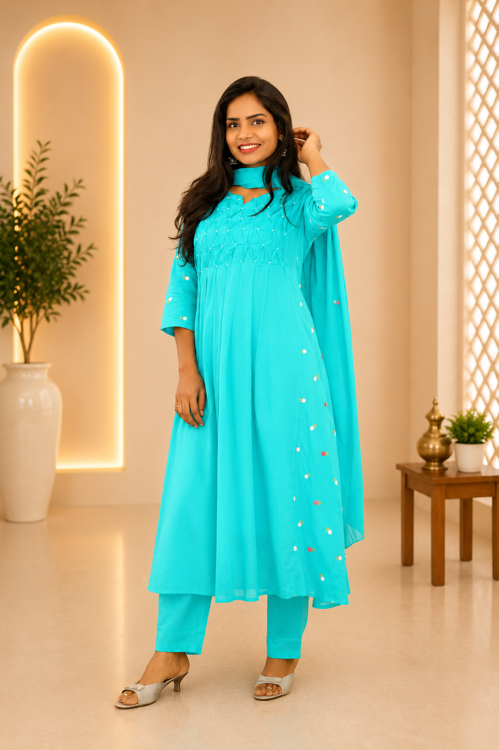 Teal Green Color Mul Cotton Designer 3 Piece set With Complete Lining