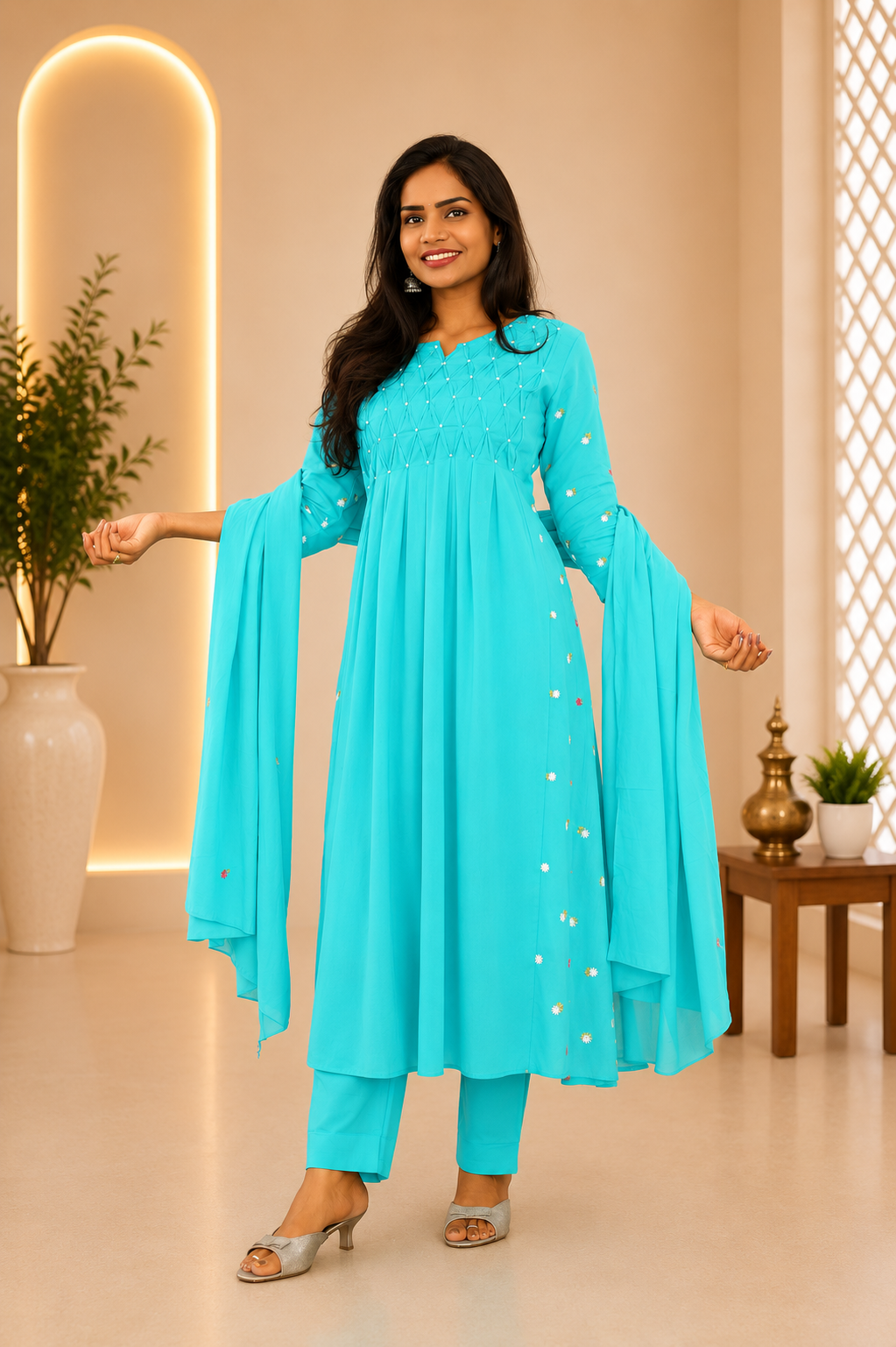 Teal Green Color Mul Cotton Designer 3 Piece set With Complete Lining