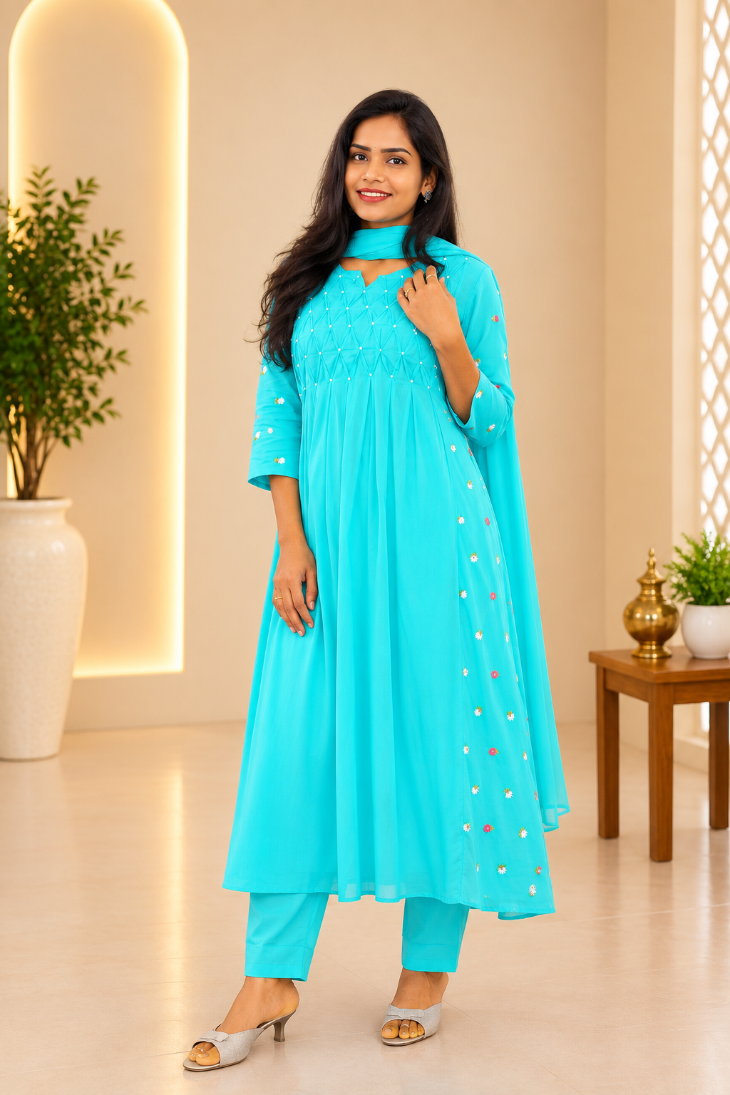 Teal Green Color Mul Cotton Designer 3 Piece set With Complete Lining