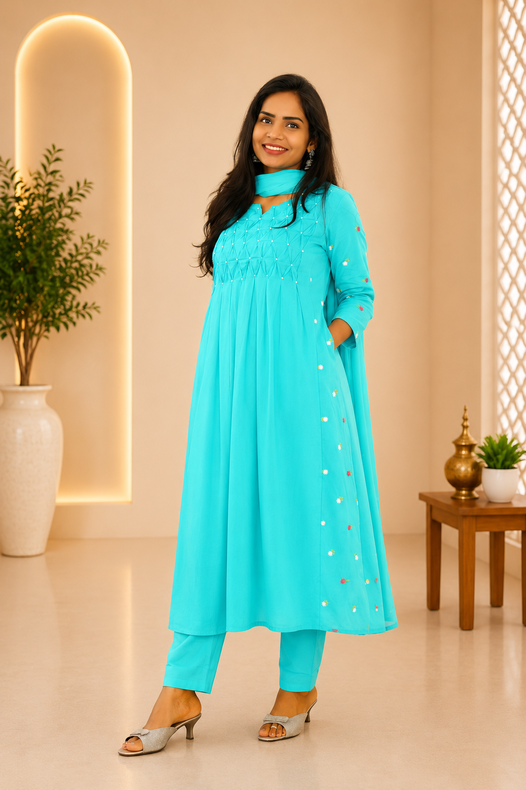 Teal Green Color Mul Cotton Designer 3 Piece set With Complete Lining