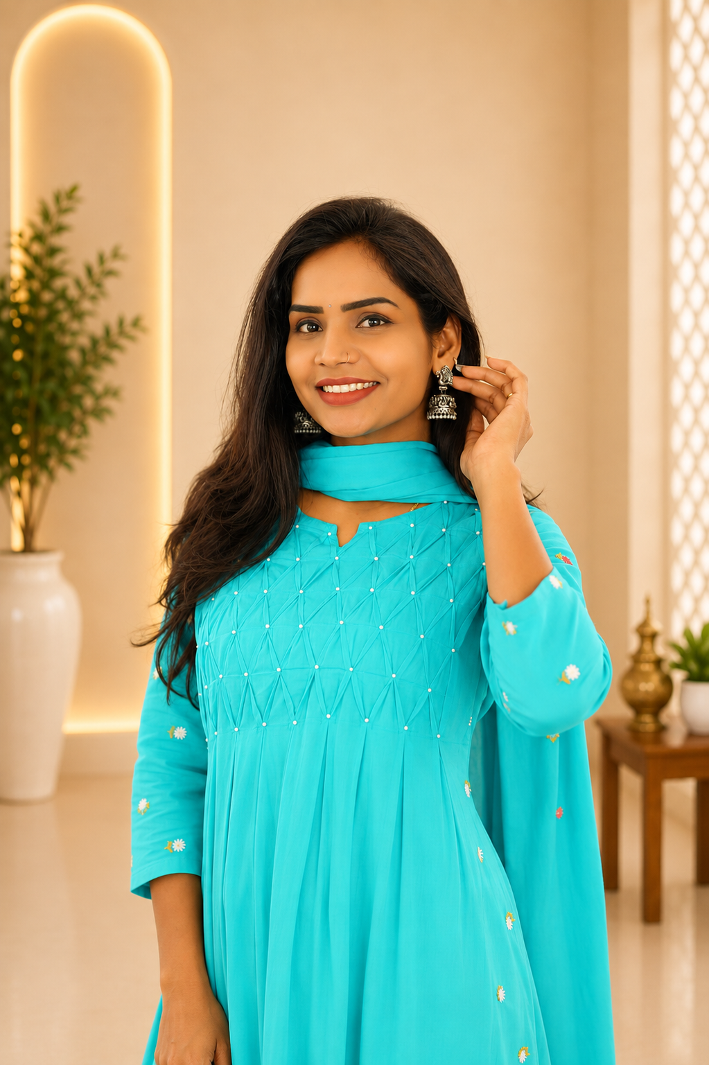 Teal Green Color Mul Cotton Designer 3 Piece set With Complete Lining