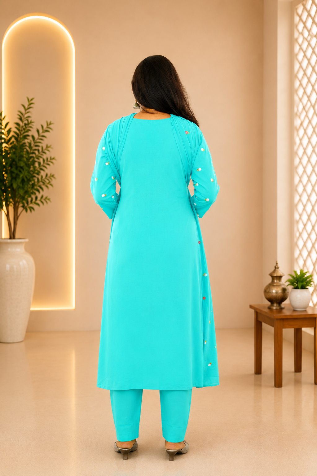 Teal Green Color Mul Cotton Designer 3 Piece set With Complete Lining
