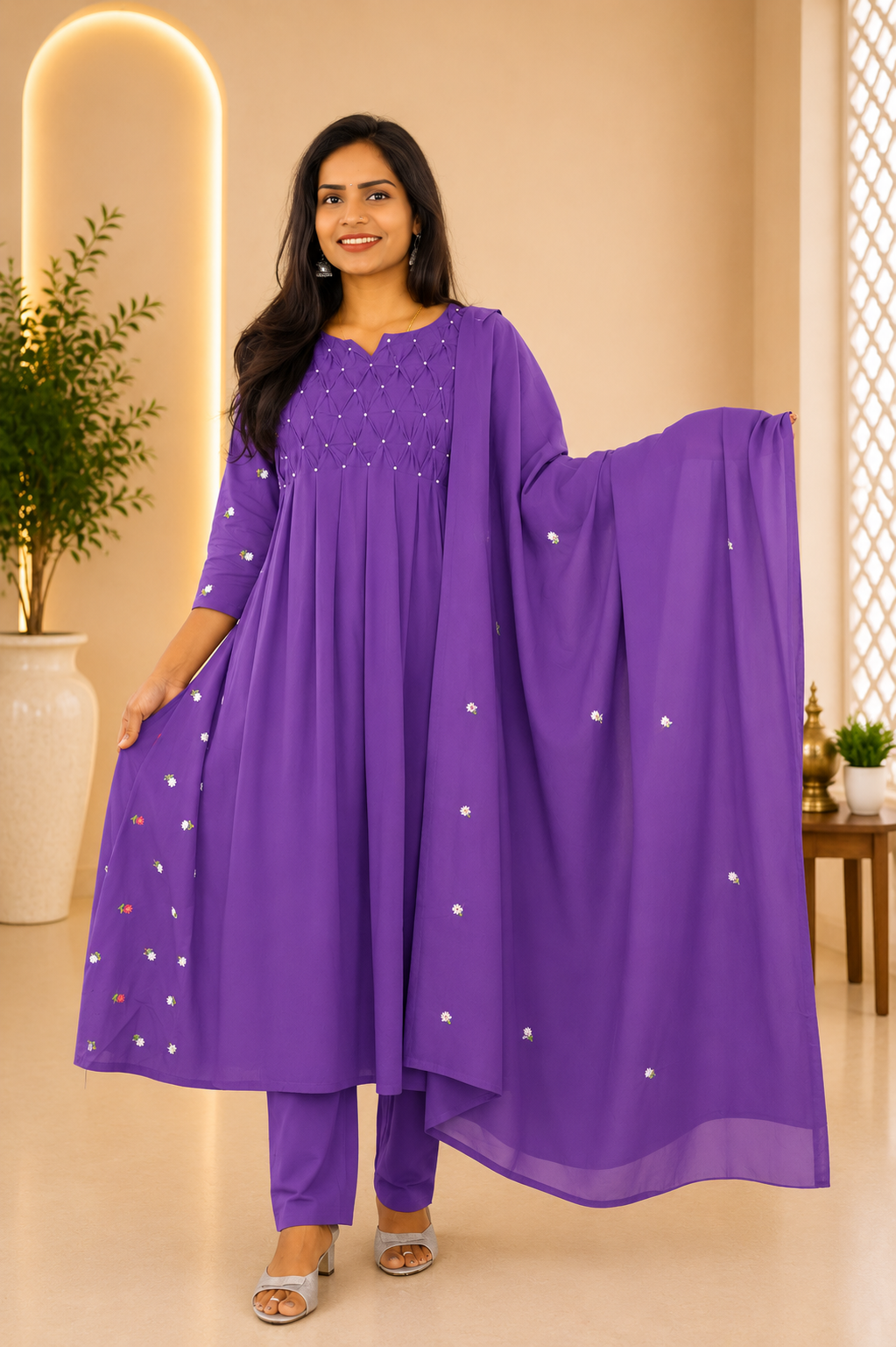 Lavender Color Mul Cotton Designer 3 Piece set With Complete Lining