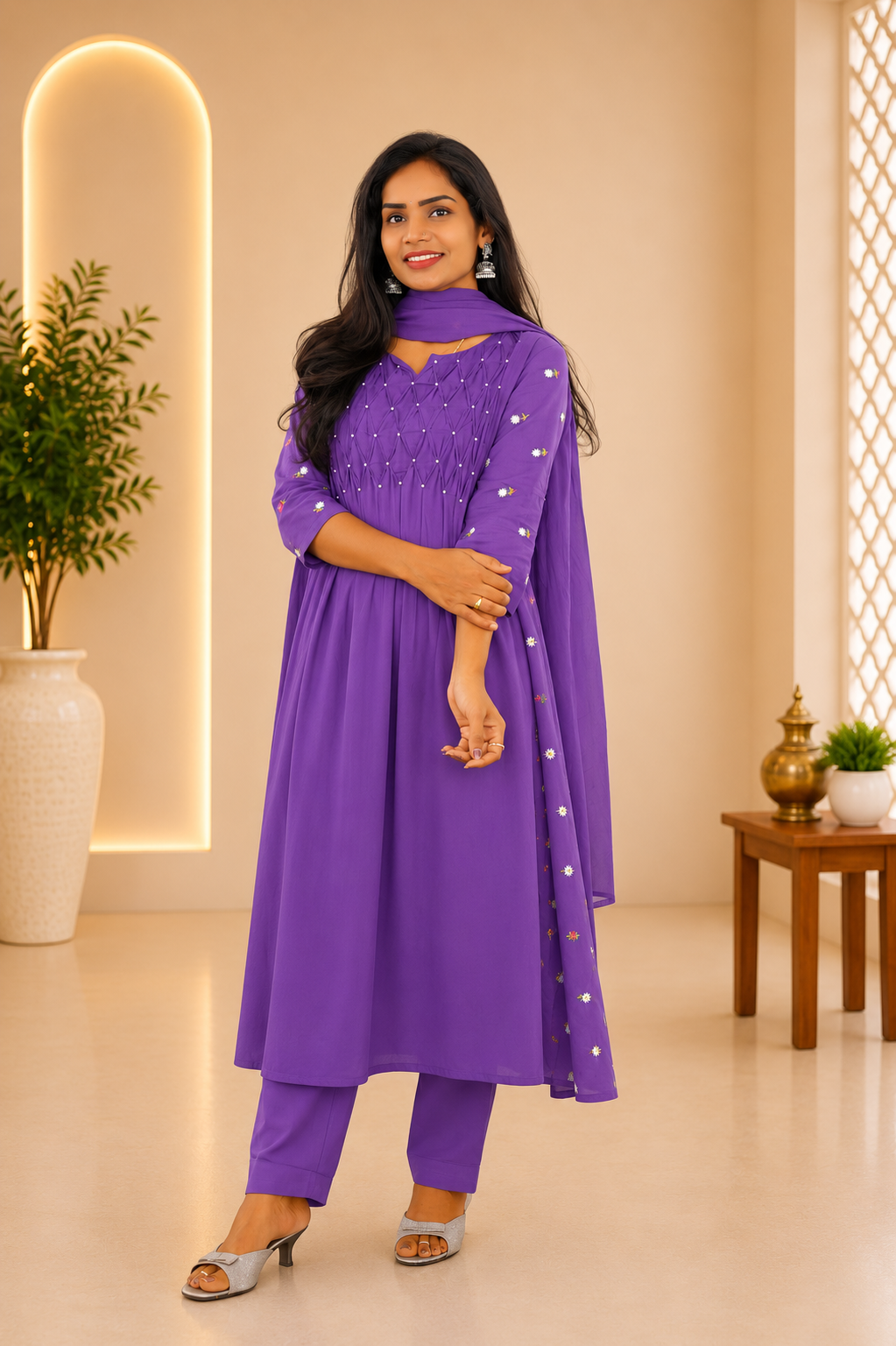 Lavender Color Mul Cotton Designer 3 Piece set With Complete Lining