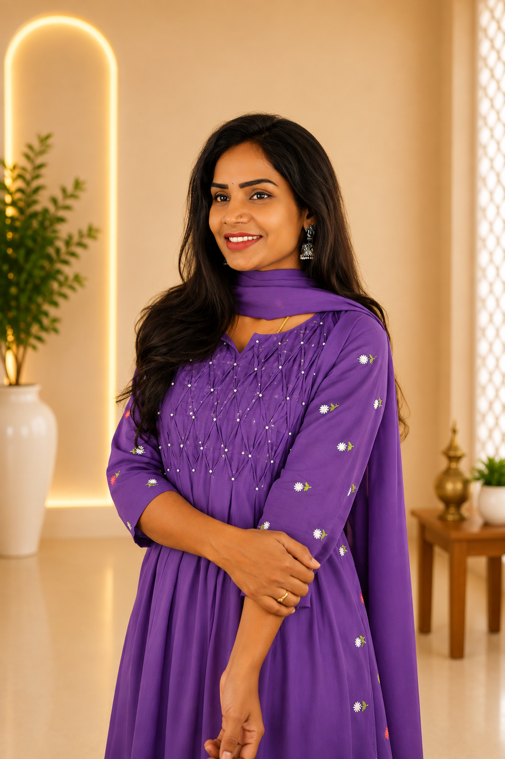 Lavender Color Mul Cotton Designer 3 Piece set With Complete Lining