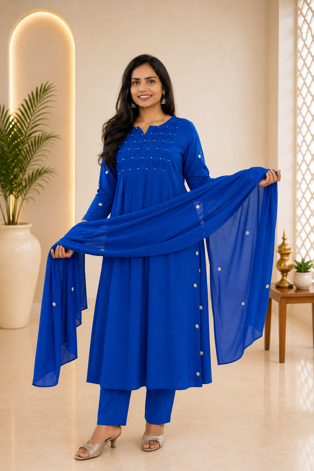 Blue Color Mul Cotton Designer 3 Piece set With Complete Lining