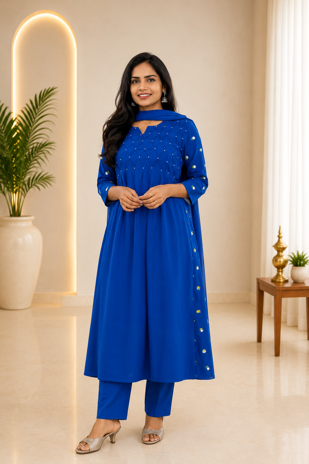 Blue Color Mul Cotton Designer 3 Piece set With Complete Lining