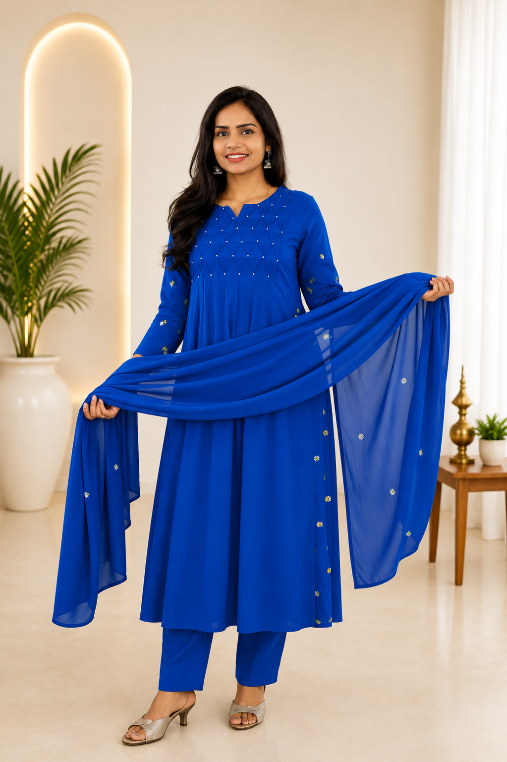 Blue Color Mul Cotton Designer 3 Piece set With Complete Lining