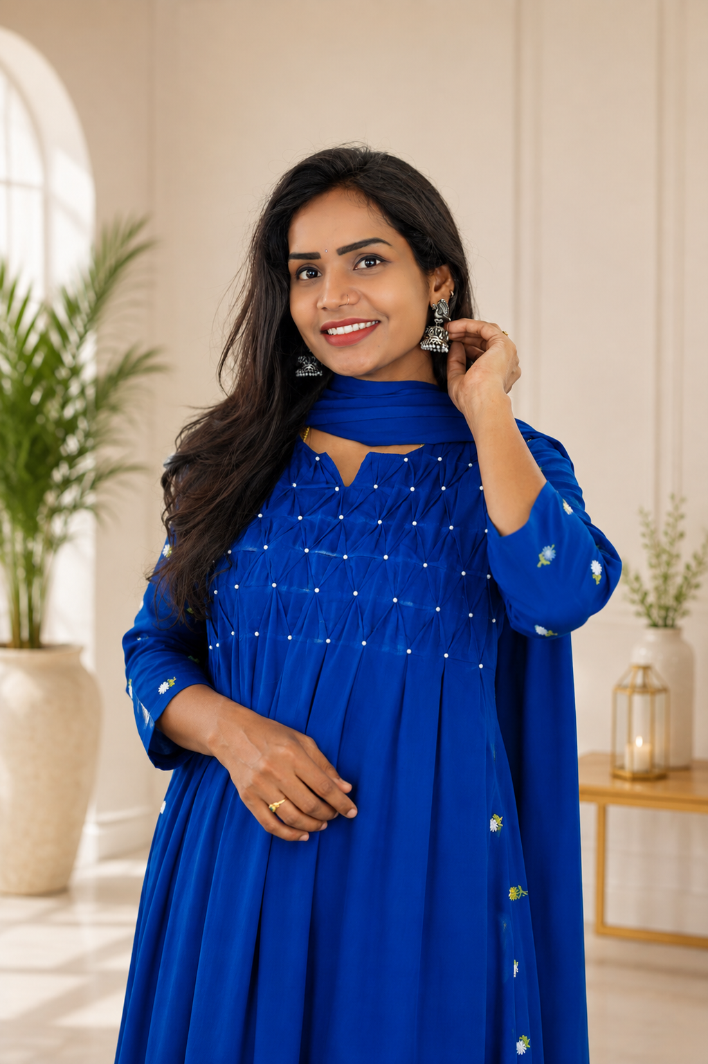 Blue Color Mul Cotton Designer 3 Piece set With Complete Lining