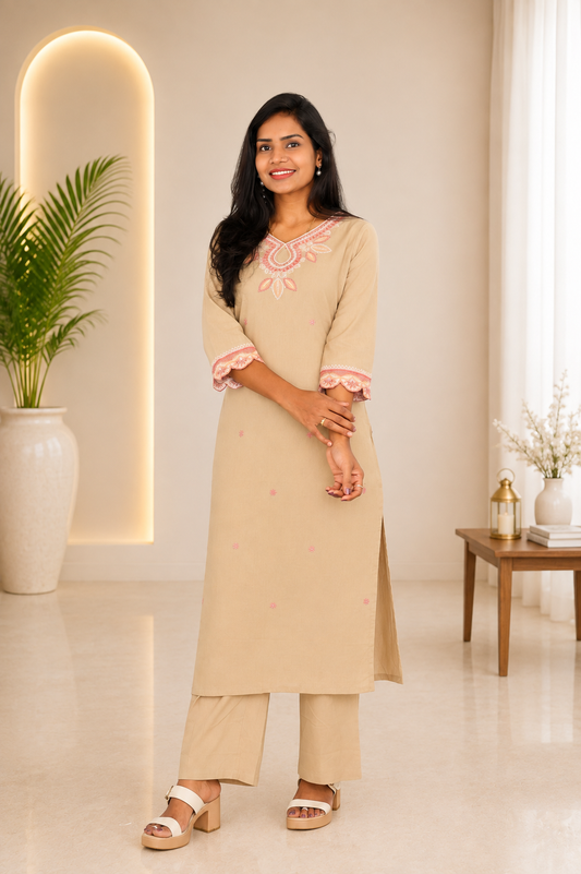Biege Color Jaipur Cotton Office Wear Cordset With Embriodary Work