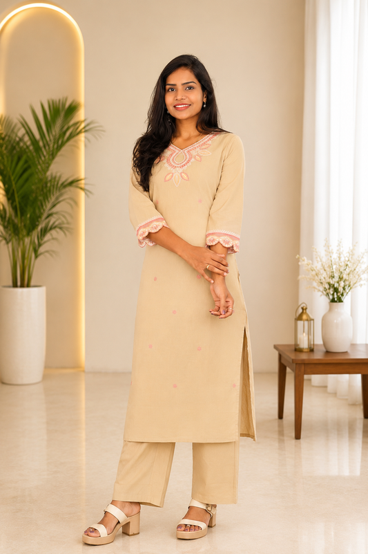 Biege Color Jaipur Cotton Office Wear Cordset With Embriodary Work
