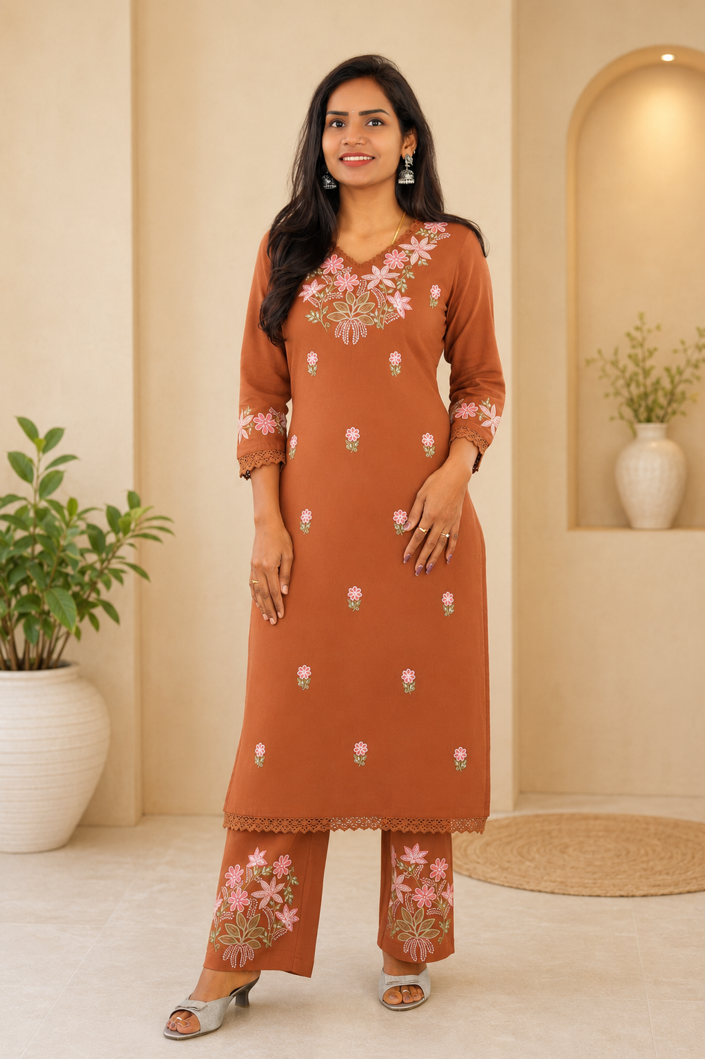 Rust Orange Jaipur Cotton Cordset With Heavy Embrioday Work