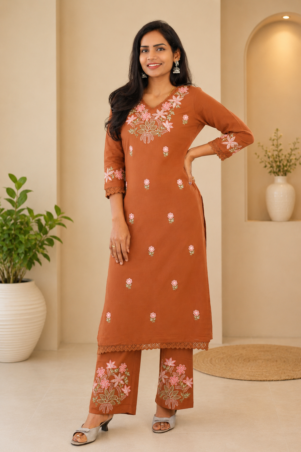 Rust Orange Jaipur Cotton Cordset With Heavy Embrioday Work